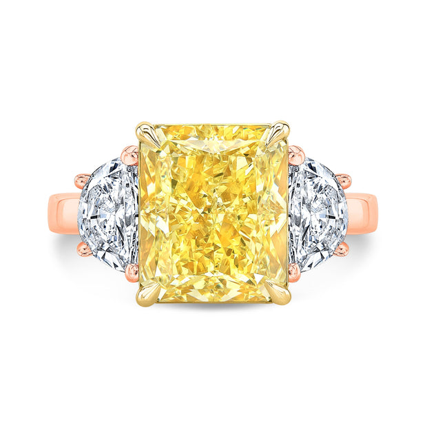 8.0 Ctw Fancy Light Yellow Radiant & Half Moons 3 Stone Diamond Ring GIA Certified