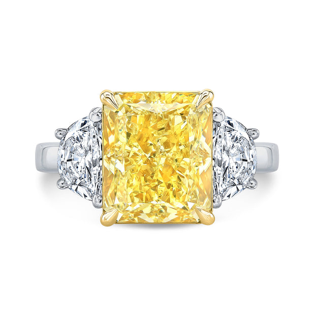 Yellow Cushion Cut Diamond Ring w Half Moons Front View