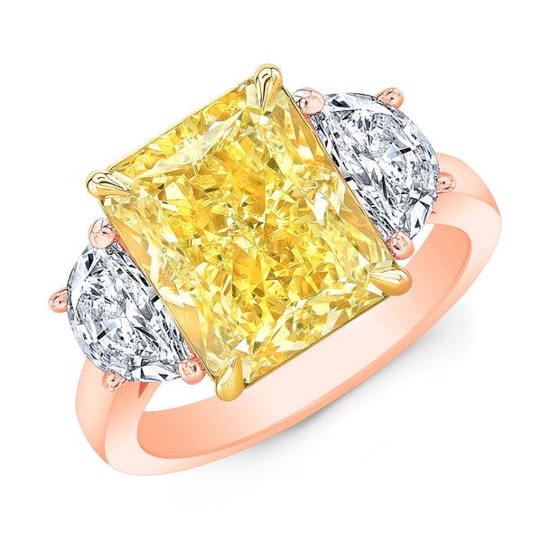 8.0 Ctw Fancy Light Yellow Radiant & Half Moons 3 Stone Diamond Ring GIA Certified