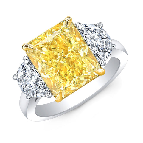 Yellow Cushion Cut Diamond Ring w Half Moons 