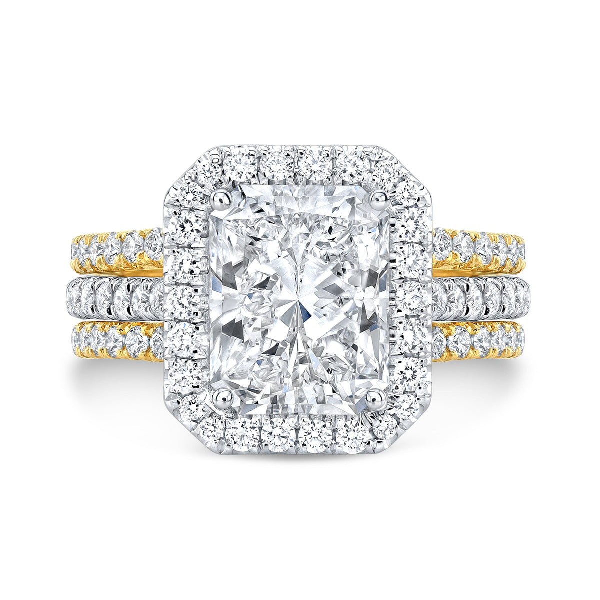 Halo radiant cut split shank engagement ring two tone