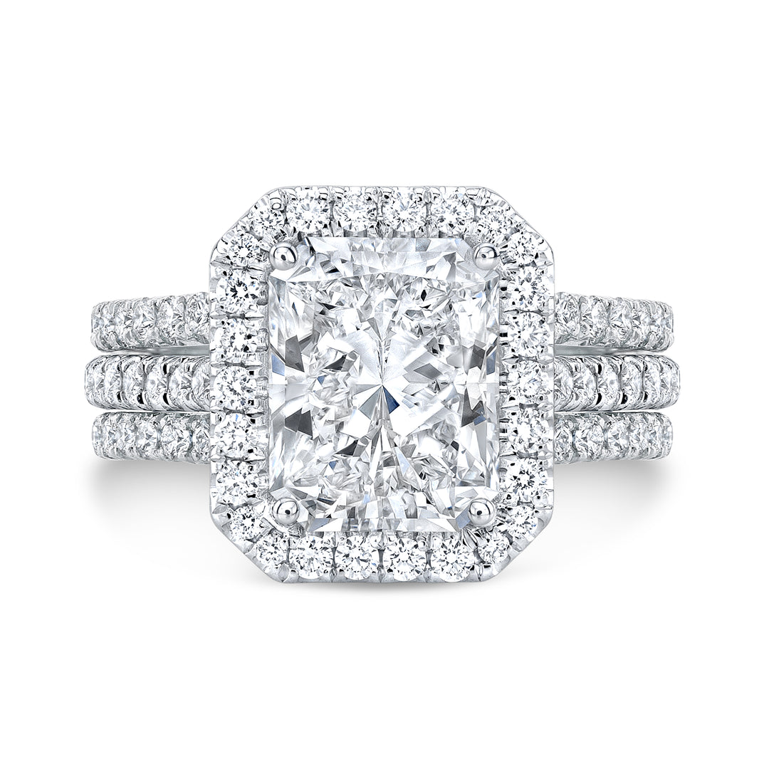 2.90 Ct. Halo Elongated Radiant Cut Ring 3 Split Shank H Color VS2 GIA Certified