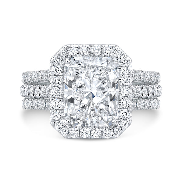 2.90 Ct. Halo Elongated Radiant Cut Ring 3 Split Shank H Color VS2 GIA Certified
