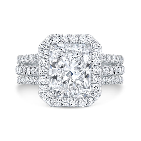 2.90 Ct. Halo Elongated Radiant Cut Ring 3 Split Shank H Color VS2 GIA Certified