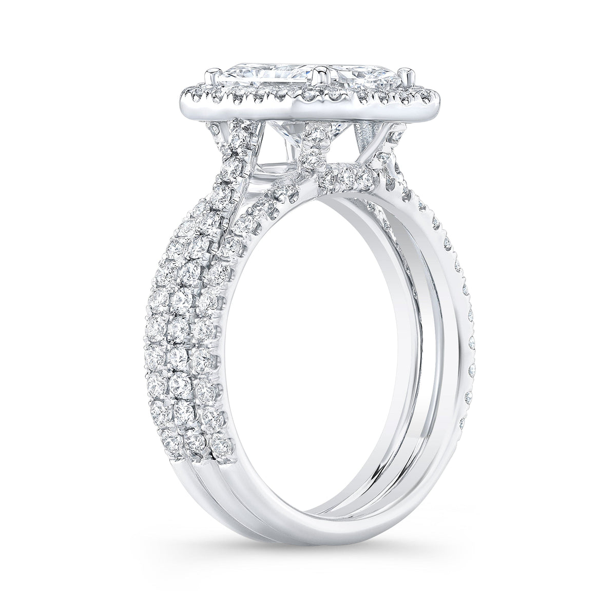 Radiant cut halo engagement ring side profile