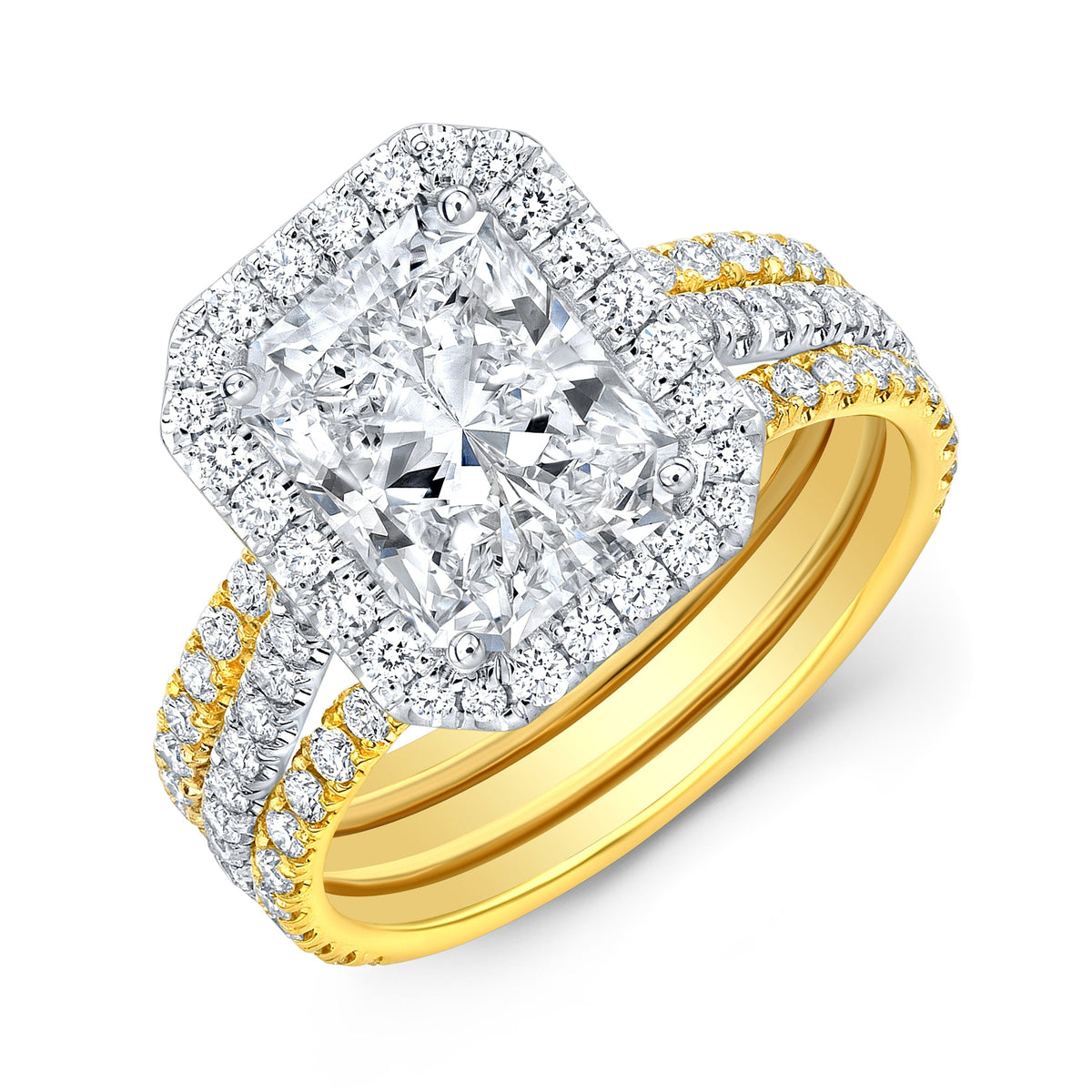 Rectangle halo radiant cut engagement ring split shank two tone