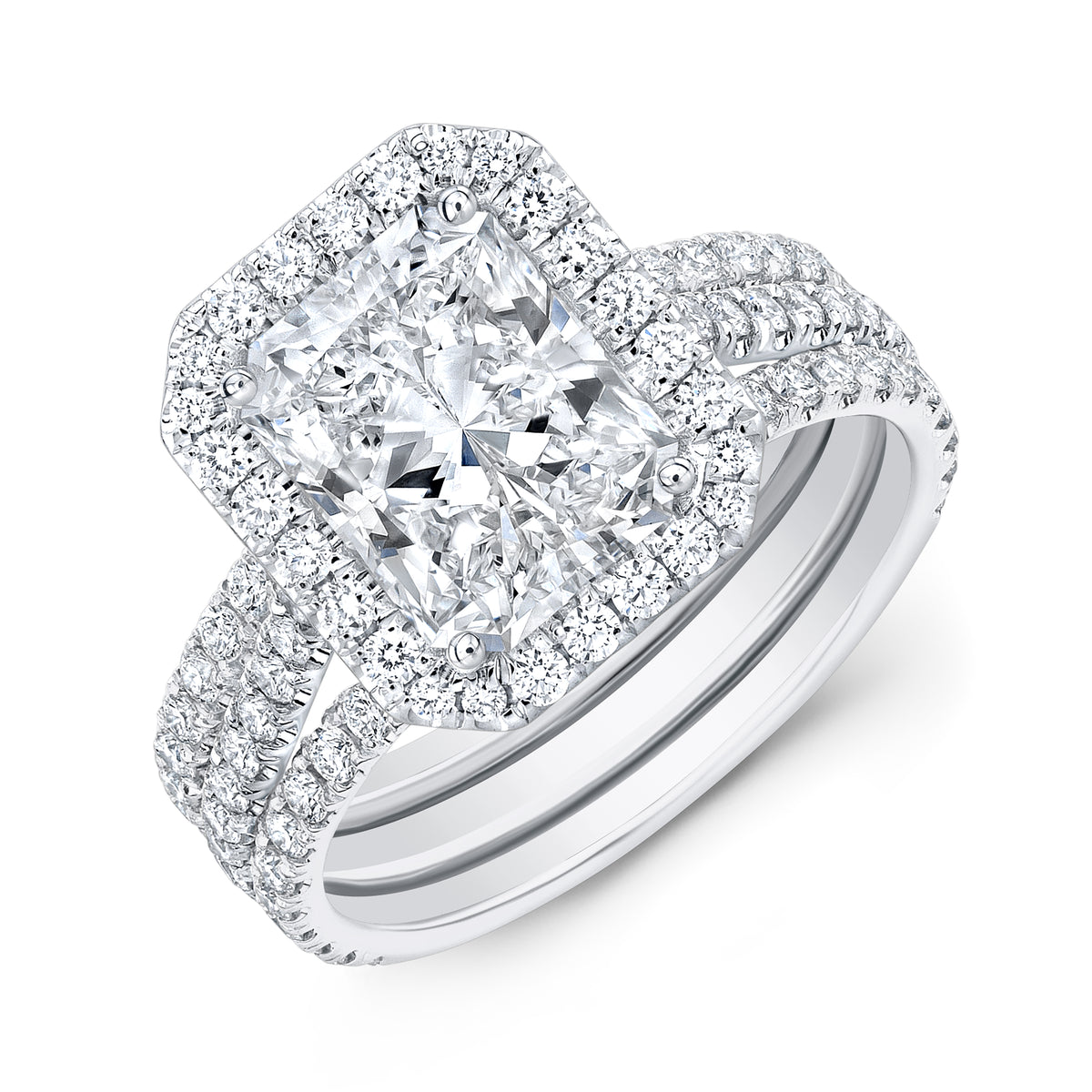Radiant cut halo engagement ring