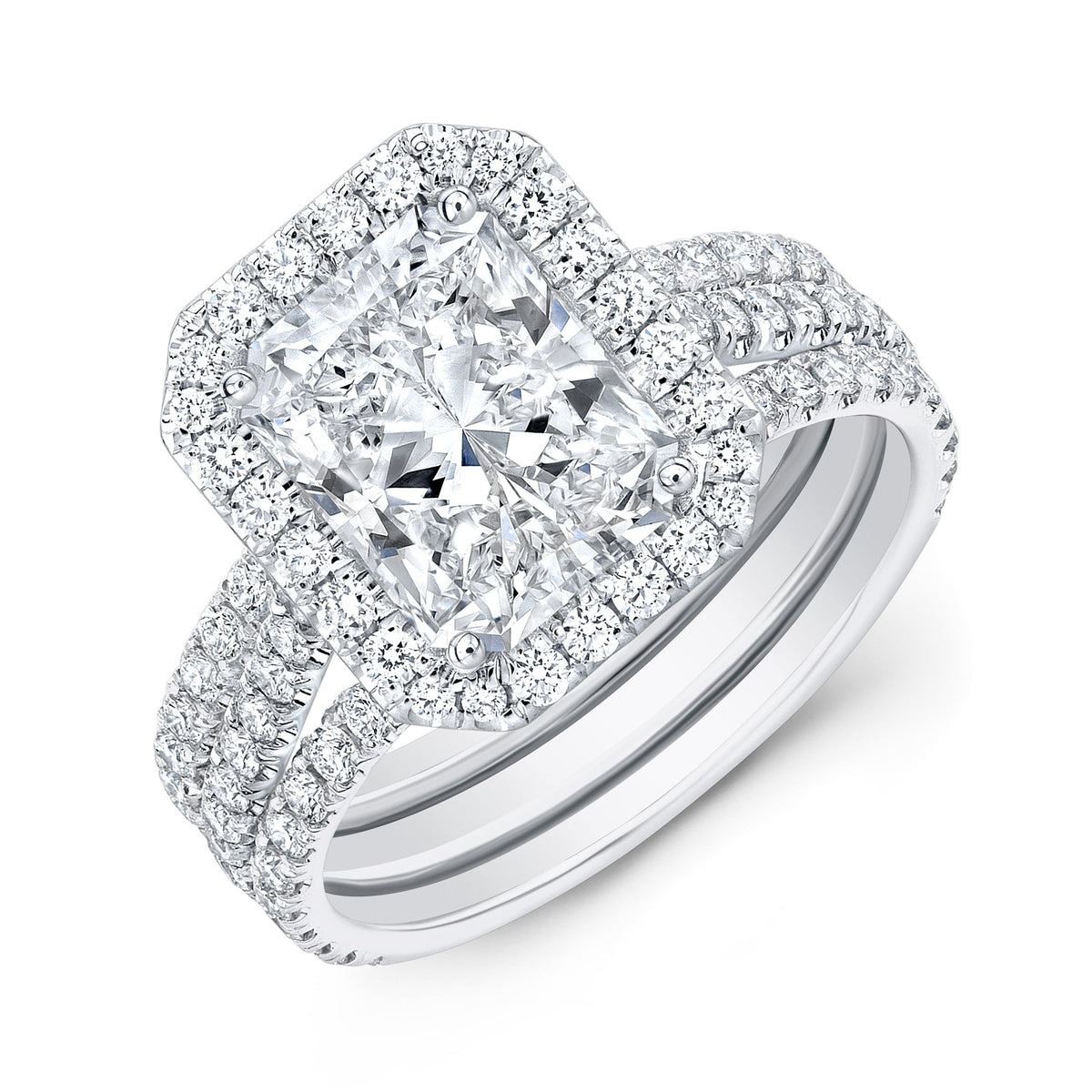 Rectangle halo radiant cut engagement ring split shank