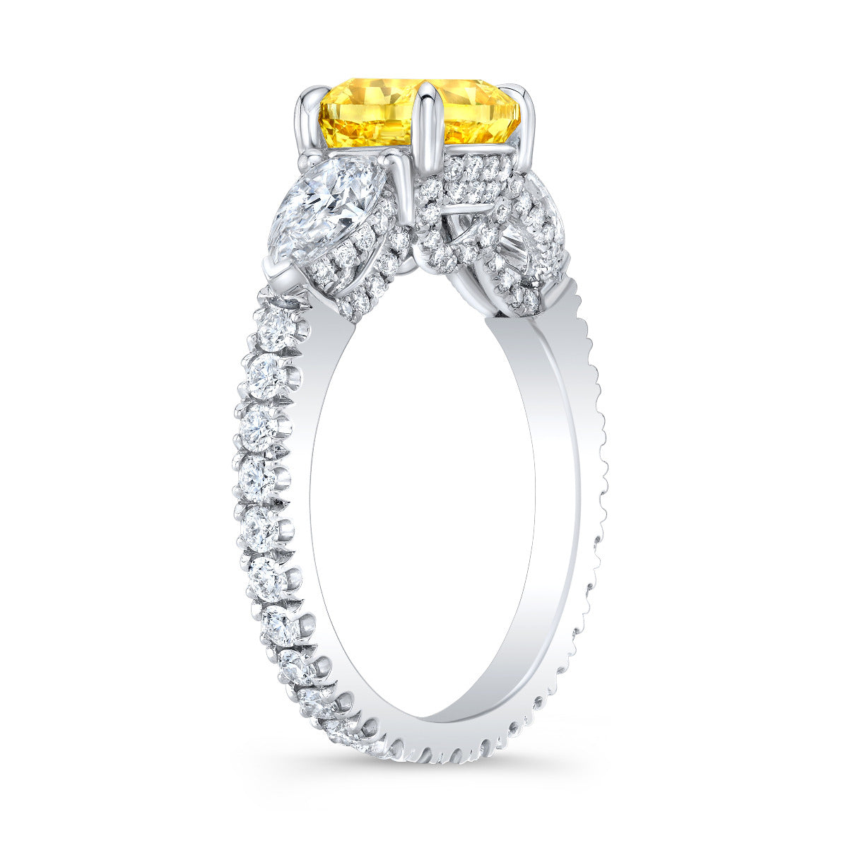 Yellow cushion & pear cut ring eternity side