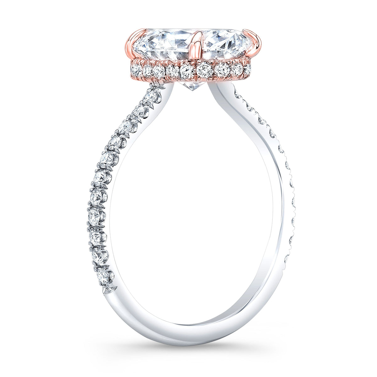 Cushion cut hidden halo engagement ring profile view