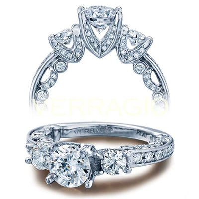 V Prong Three Stone Round Cut Diamond Verragio Paradiso Engagement Pave Ring