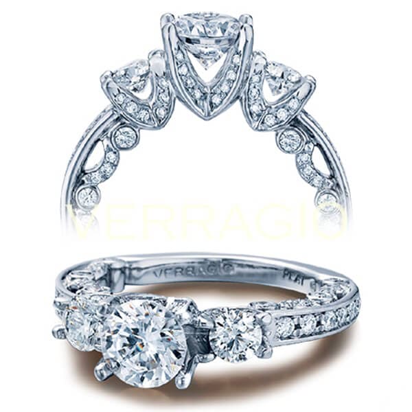 V Prong Three Stone Round Cut Diamond Verragio Paradiso Engagement Pave Ring
