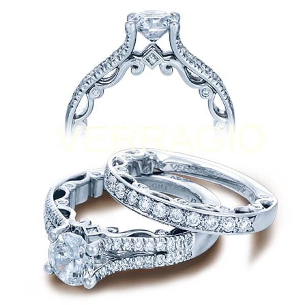 Split shank solitaire pave round cut diamond verragio paradiso engagement ring