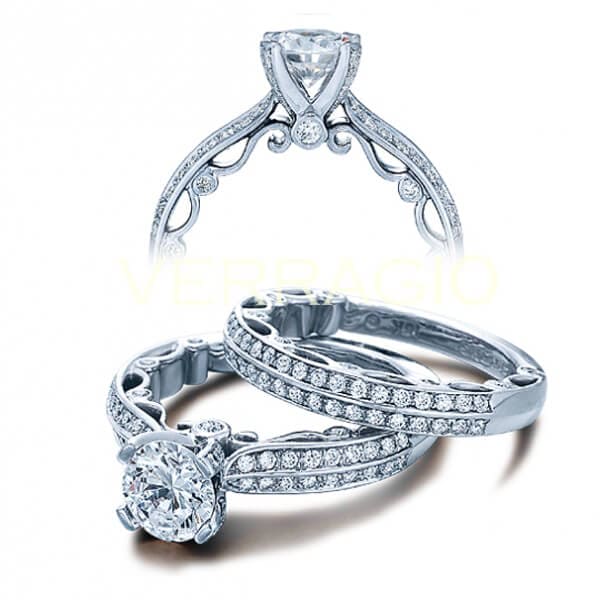 Double row pave round cut diamond verragio paradiso engagement ring