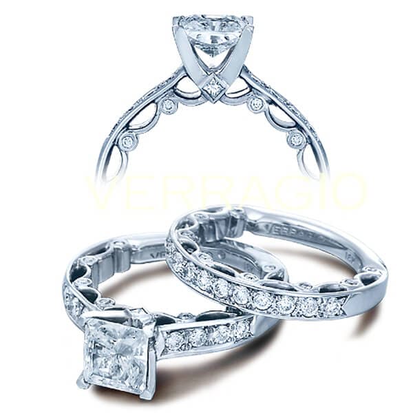 Pave verragio paradiso princess cut solitaire pave diamond engagement ring v prong