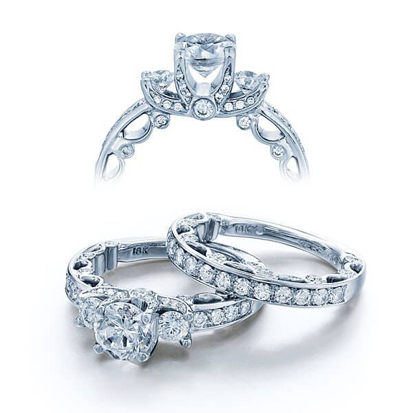 Three stone round cut diamond verragio paradiso engagement pave ring