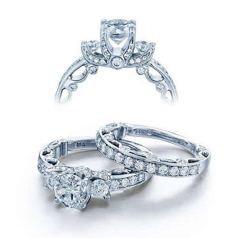 Three Stone Round Cut Diamond Verragio Paradiso Engagement Pave Ring