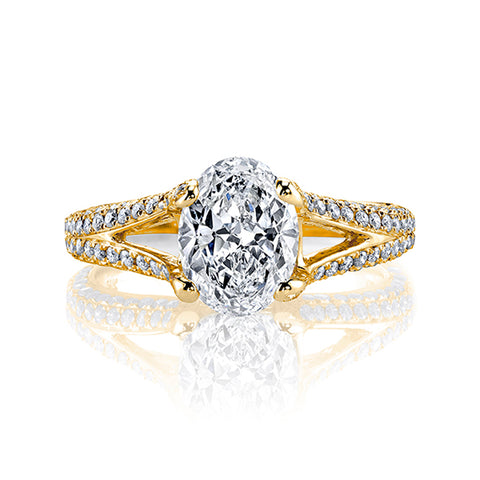 split shank oval cut diamond ring front view yellow gold