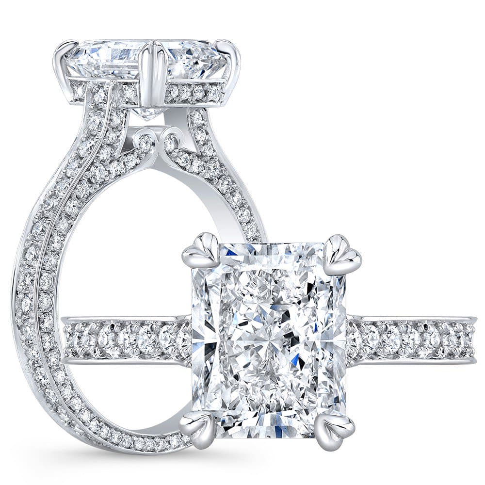 Rectangle radiant hidden halo engagement ring front and side