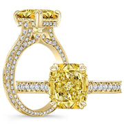 cushion cut fancy yellow pave diamond ring in yellow gold