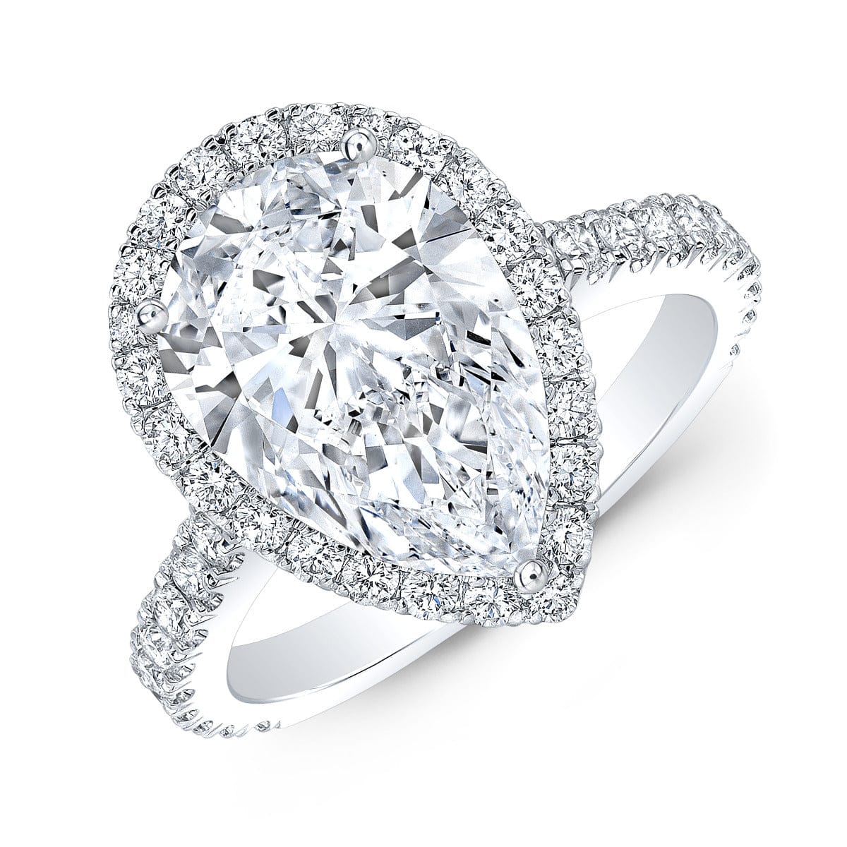 Pear halo cathedral engagement ring