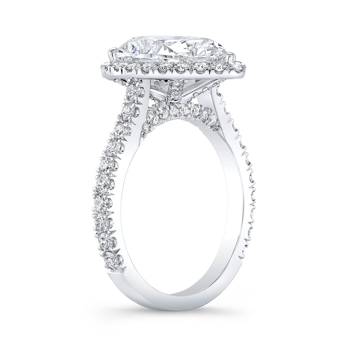 Pear halo cathedral engagement ring