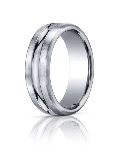 18k White Gold 7.5mm Comfort-Fit Satin-Finished High Polished Center Cut Carved Design Band - CF71750518kw