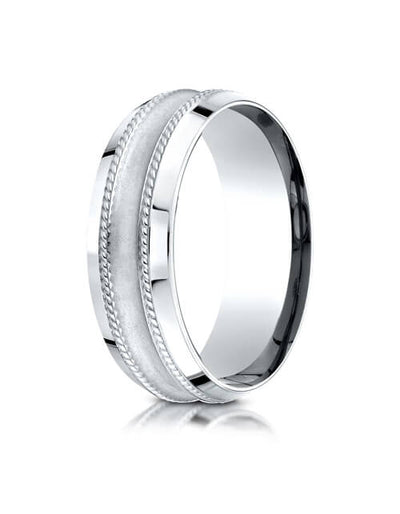 14k White Gold 7.5mm Comfort Fit Center Cut Glass Finish Beveled Rope Design Band - CF67580214kw