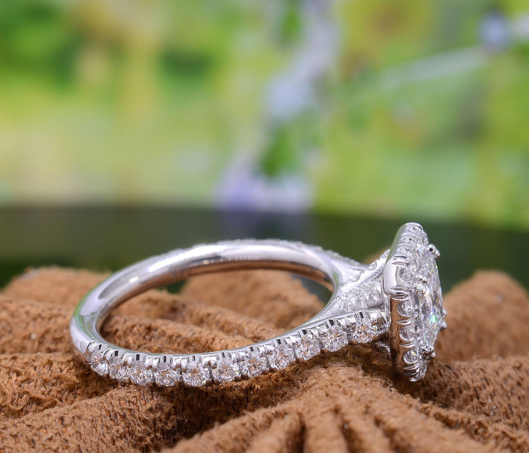 2.20 Ct. French Pave Halo Princess Cut Engagement Ring H Color VS1 GIA Certified