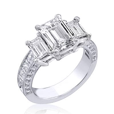 Emerald Cut 3 Stone Diamond Ring w Princess Shank