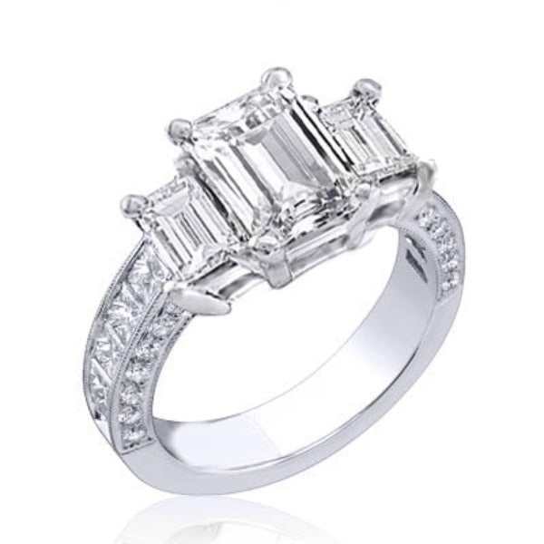 Emerald cut 3 stone diamond ring princess cut shank