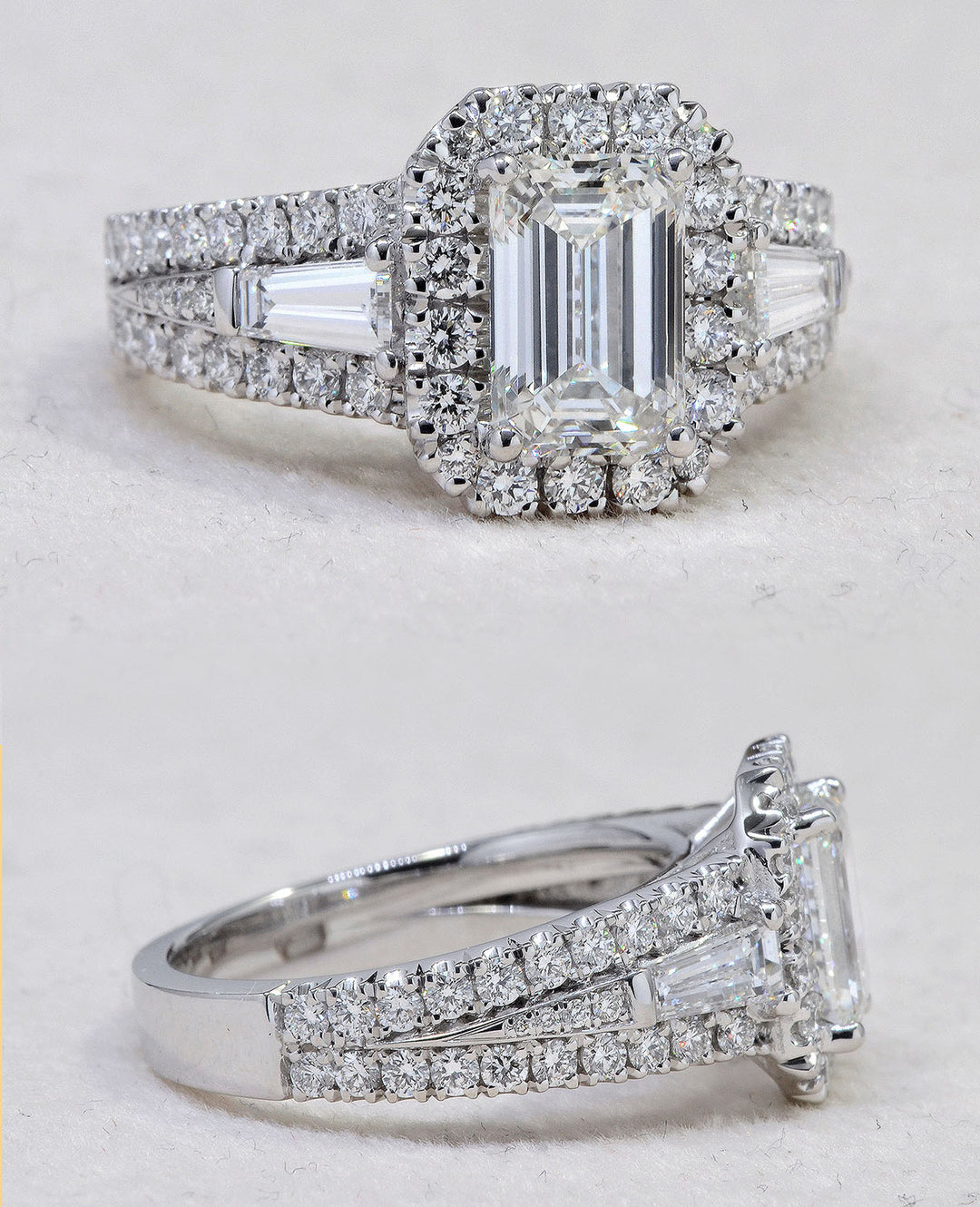 3.10 Ct Emerald Cut Halo Engagement Ring w Baguettes F Color VS1 GIA Certified