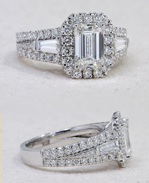 3.10 Ct Emerald Cut Halo Engagement Ring w Baguettes F Color VS1 GIA Certified