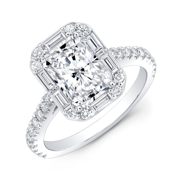 Radiant Cut Engagement Ring with Halo Baguette & Round Cut white gold