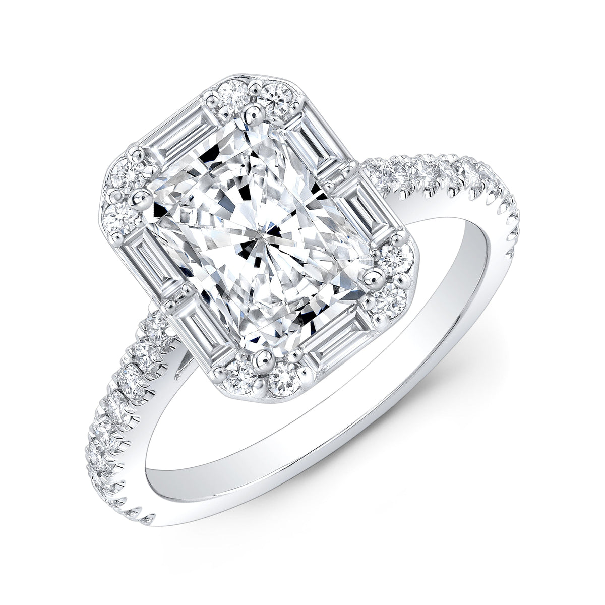Radiant cut engagement ring with halo baguette & round cut white gold