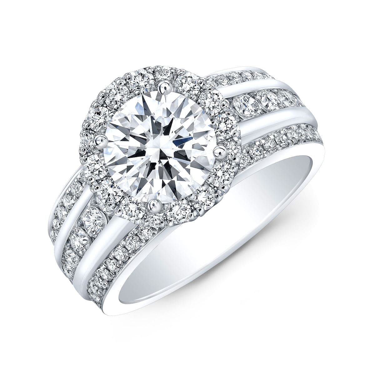 Round_cut_halo_3_row_shank_pave_channel_diamond_engagement_ring_profile_view