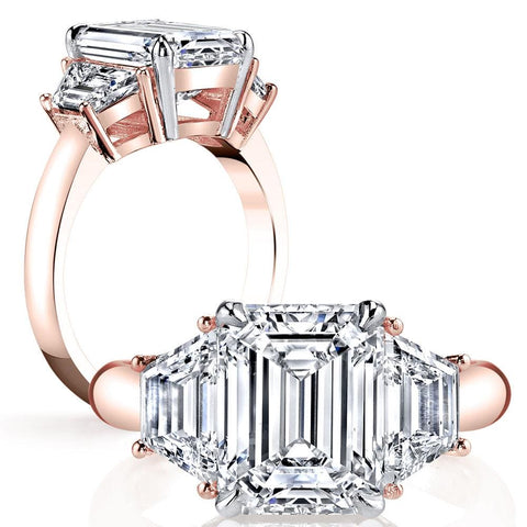 3 Stone Emerald Cut Engagement Ring & Trapezoids Rose Gold