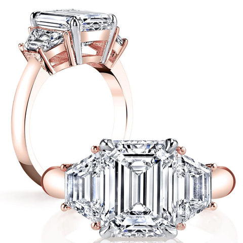 3 Stone Emerald Cut Diamond Ring w Trapezoids in Rose Gold