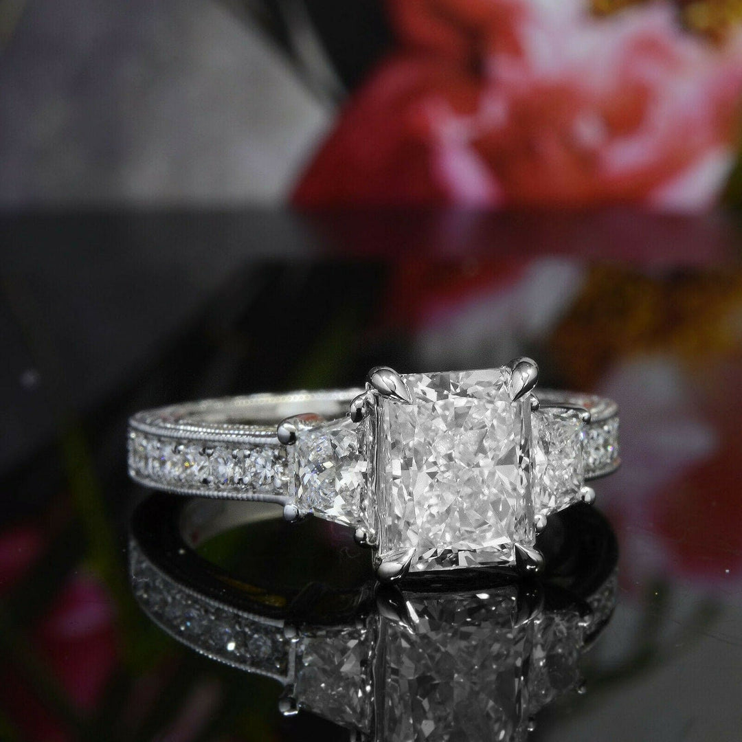 2.60 Ct. Radiant Cut Engagement Ring Art Deco H Color VS2 GIA Certified