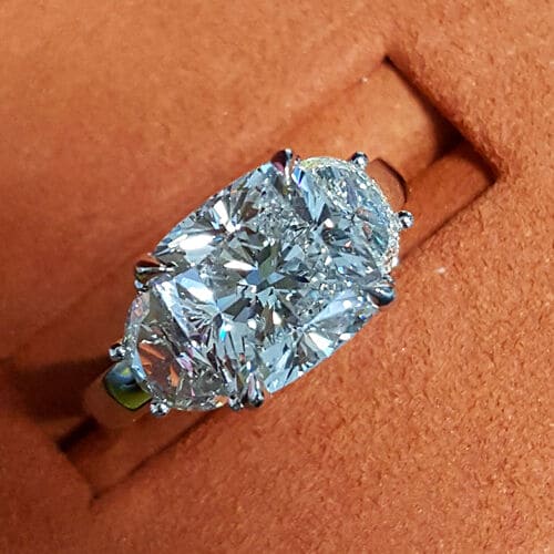 3.60 Ctw 3 Stone Cushion Cut Engagement Ring w Half Moons G Color SI1 GIA Certified