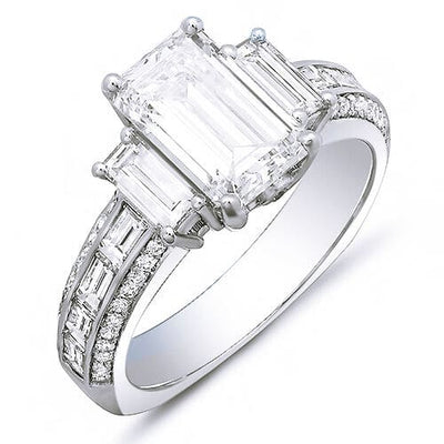 3.30 Ct. Emerald Cut & Baguettes Engagement Ring with Pave G Color VS1 GIA Certified