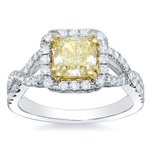 Yellow cushion cut diamond ring front view