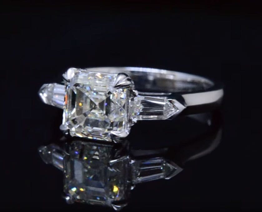  3 stone asscher cut engagement ring 