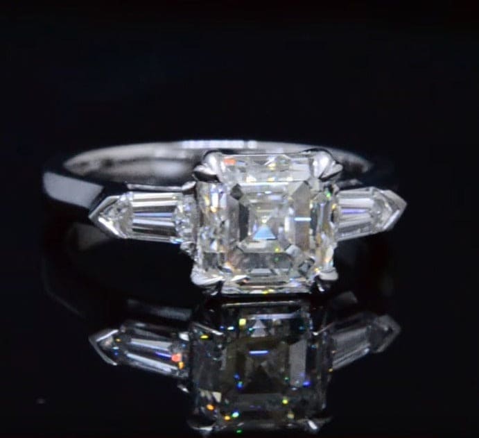 3 stone asscher & bullet cut engagement ring corner view