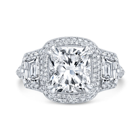 Micro Pave Halo 3 Stone Cadillac Split Shank Diamond Engagement Ring