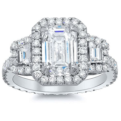 Halo Pave Trapezoid Side Stones Diamond Engagement Ring