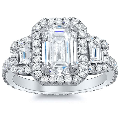 Halo Pave Trapezoid Side Stones Diamond Engagement Ring