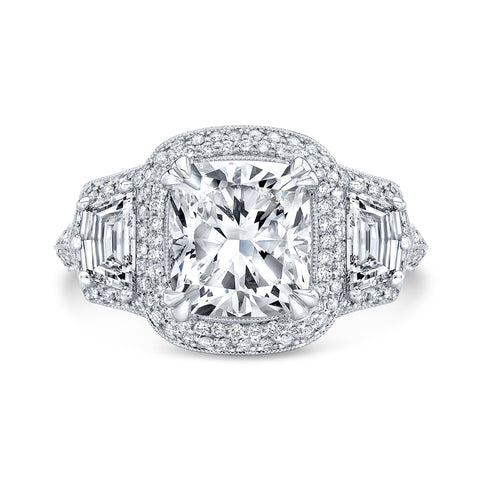 Micro Pave Halo 3 Stone Cadillac Split Shank Diamond Engagement Ring