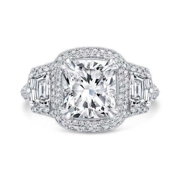 Micro Pave Halo 3 Stone Cadillac Split Shank Diamond Engagement Ring