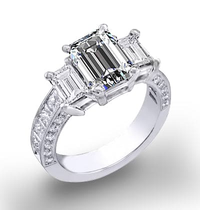 Natural Emerald 3-Stone Channel Pave Set Diamond Engagement Ring